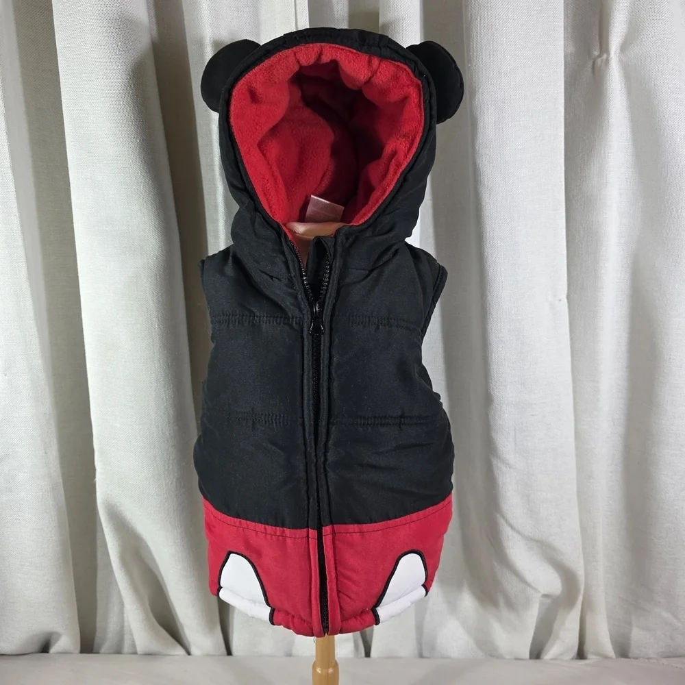 Disney Mickey Mouse Toddler Hooded Puffer Vest 3T Black Red Fleece Lined